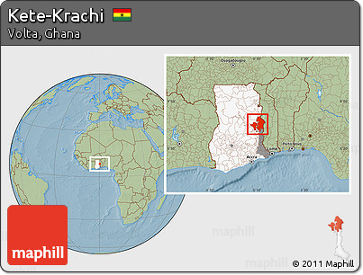 Savanna Style Location Map of Kete-Krachi, highlighted country, highlighted parent region, hill shading