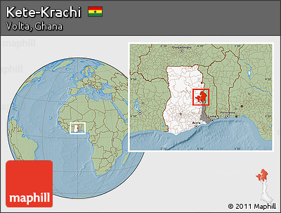 Savanna Style Location Map of Kete-Krachi, highlighted country, highlighted parent region, hill shading