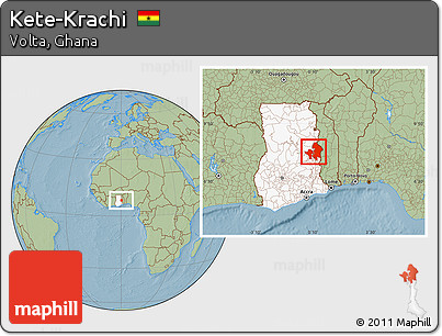 Savanna Style Location Map of Kete-Krachi, highlighted country, hill shading