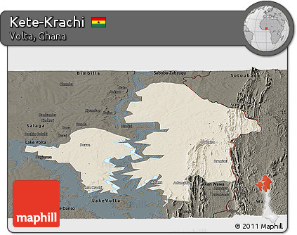 Shaded Relief Panoramic Map of Kete-Krachi, darken
