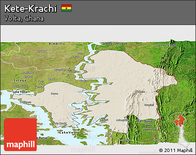 Shaded Relief Panoramic Map of Kete-Krachi, satellite outside