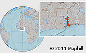 Gray Location Map of Volta, within the entire country, hill shading