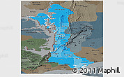 Political Shades Panoramic Map of Volta, darken, semi-desaturated