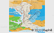 Shaded Relief Panoramic Map of Volta, political shades outside