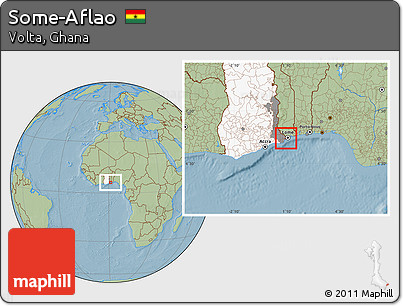 Savanna Style Location Map of Some-Aflao, highlighted country, highlighted parent region, hill shading