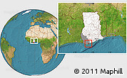 Satellite Location Map of Sekondi-Takoradi, highlighted country, highlighted parent region, within the entire country