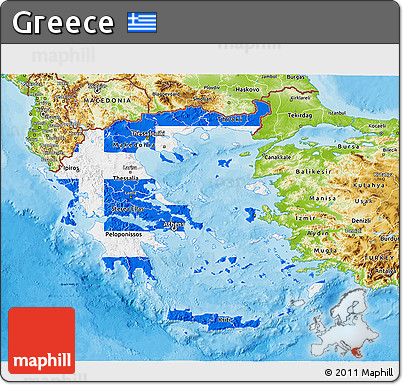 Flag 3D Map of Greece, physical outside, bathymetry sea