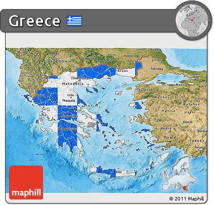 Flag 3D Map of Greece, satellite outside, bathymetry sea, flag rotated
