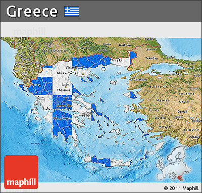 Flag 3D Map of Greece, satellite outside, bathymetry sea, flag rotated