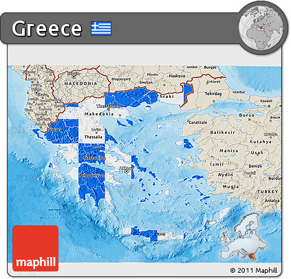 Flag 3D Map of Greece, shaded relief outside, bathymetry sea, flag rotated