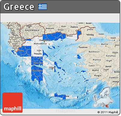 Flag 3D Map of Greece, shaded relief outside, bathymetry sea, flag rotated