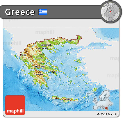 Physical 3D Map of Greece, single color outside