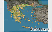 Satellite 3D Map of Greece, darken, semi-desaturated, land only