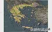 Satellite 3D Map of Greece, darken, semi-desaturated