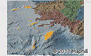 Political 3D Map of Dodekanissa, darken, semi-desaturated