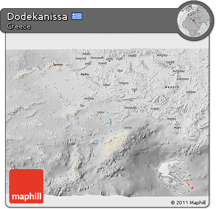 Shaded Relief 3D Map of Dodekanissa, desaturated