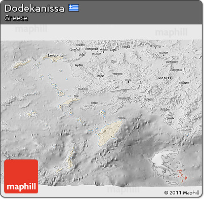 Shaded Relief 3D Map of Dodekanissa, desaturated