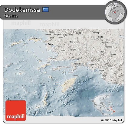Shaded Relief 3D Map of Dodekanissa, semi-desaturated