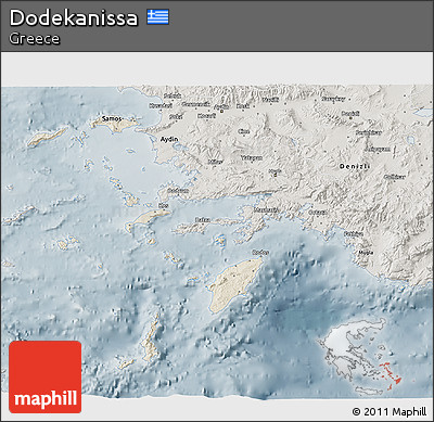 Shaded Relief 3D Map of Dodekanissa, semi-desaturated