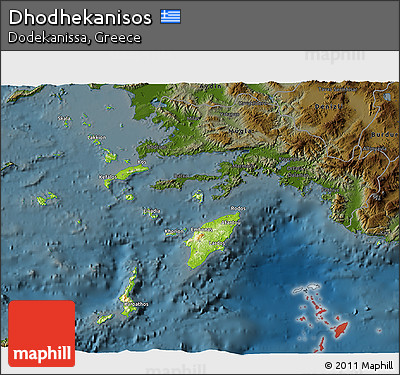 Physical 3D Map of Dhodhekanisos, darken