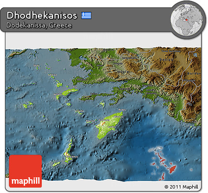 Physical 3D Map of Dhodhekanisos, darken