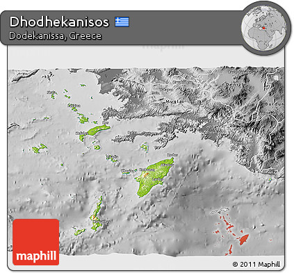 Physical 3D Map of Dhodhekanisos, desaturated