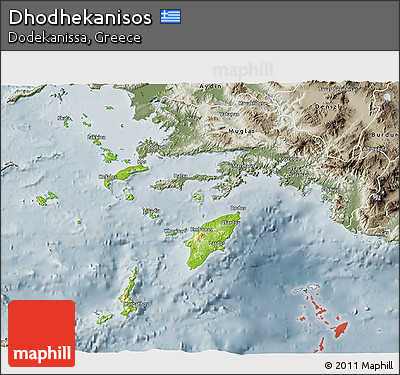 Physical 3D Map of Dhodhekanisos, semi-desaturated