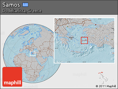 Gray Location Map of Samos, highlighted parent region, hill shading