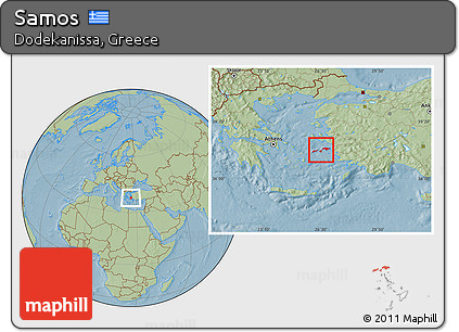 Savanna Style Location Map of Samos, hill shading