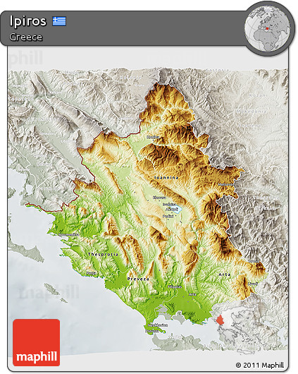 Physical 3D Map of Ipiros, lighten, semi-desaturated