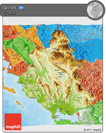 Physical 3D Map of Ipiros, political shades outside