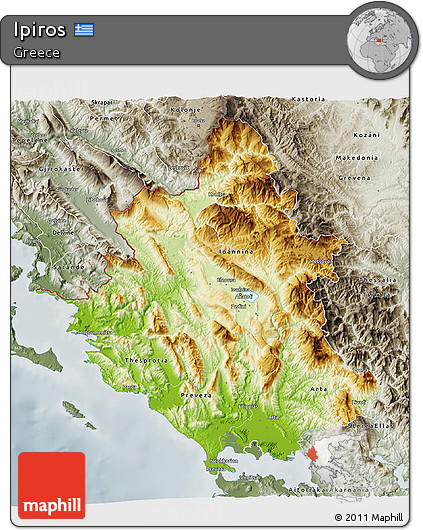 Physical 3D Map of Ipiros, semi-desaturated