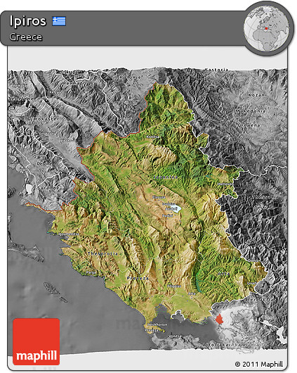 Satellite 3D Map of Ipiros, desaturated