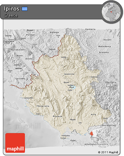 Shaded Relief 3D Map of Ipiros, desaturated