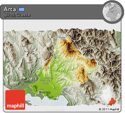 Physical 3D Map of Arta, semi-desaturated
