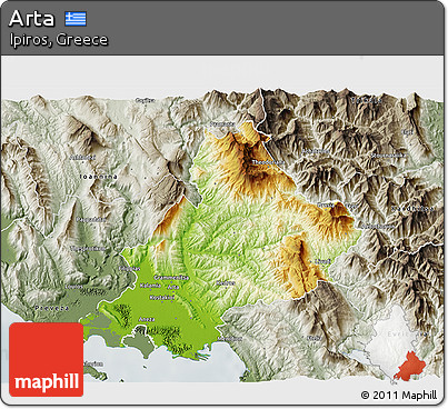 Physical 3D Map of Arta, semi-desaturated