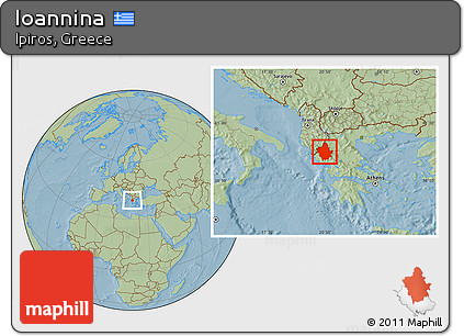 Savanna Style Location Map of Ioannina, hill shading