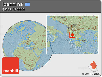 Savanna Style Location Map of Ioannina, hill shading