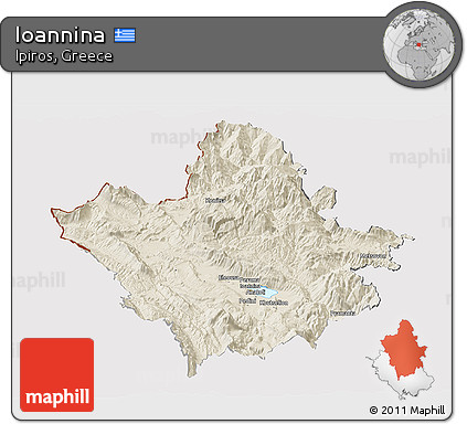 Shaded Relief Panoramic Map of Ioannina, cropped outside