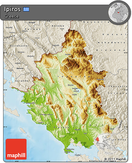 Physical Map of Ipiros, shaded relief outside