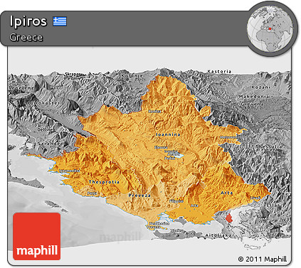Political Shades Panoramic Map of Ipiros, desaturated
