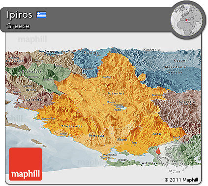 Political Shades Panoramic Map of Ipiros, semi-desaturated