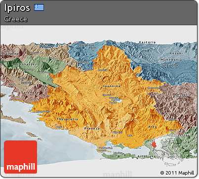 Political Shades Panoramic Map of Ipiros, semi-desaturated