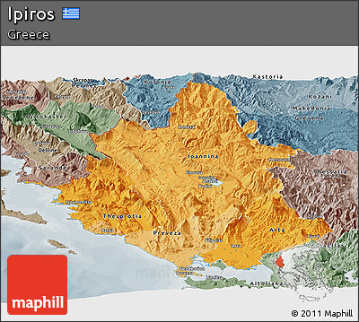 Political Shades Panoramic Map of Ipiros, semi-desaturated