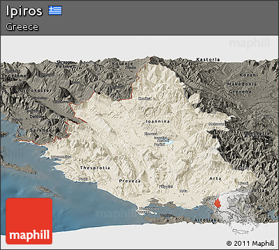 Shaded Relief Panoramic Map of Ipiros, darken