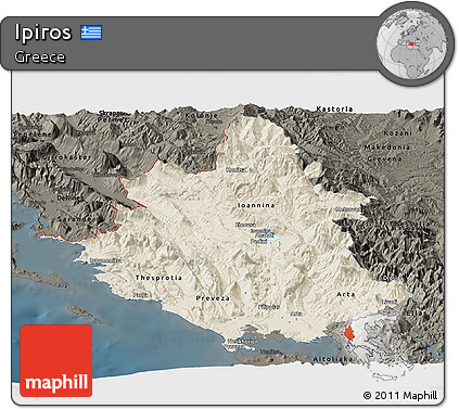 Shaded Relief Panoramic Map of Ipiros, darken