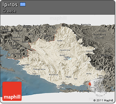 Shaded Relief Panoramic Map of Ipiros, darken