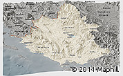Shaded Relief Panoramic Map of Ipiros, darken, semi-desaturated