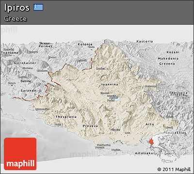 Shaded Relief Panoramic Map of Ipiros, desaturated