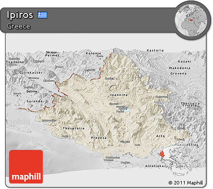 Shaded Relief Panoramic Map of Ipiros, desaturated